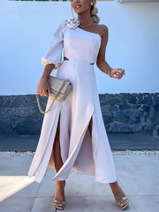 casual party slanted shoulder slit double layer dress