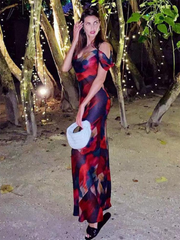 Printed Suspender Sleeveless High Waisted One Shoulder Elegant Dress Long Skirt