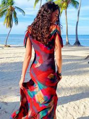 Printed Suspender Sleeveless High Waisted One Shoulder Elegant Dress Long Skirt