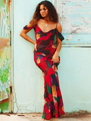 Printed Suspender Sleeveless High Waisted One Shoulder Elegant Dress Long Skirt