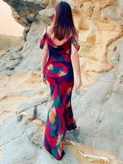 Printed Suspender Sleeveless High Waisted One Shoulder Elegant Dress Long Skirt