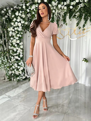 Commuting Solid Color V-Neck Waist Puff Sleeve Swing Dress