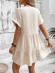 solid color V-neck loose pleated dress