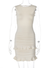 sexy solid color round neck sleeveless backless lace dress