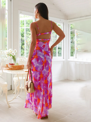 Fresh and sweet floral print backless midi dress