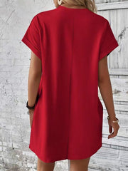 solid color round neck loose short sleeve pocket dress