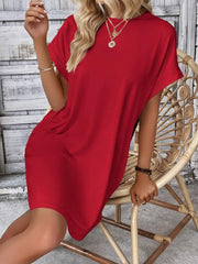 solid color round neck loose short sleeve pocket dress