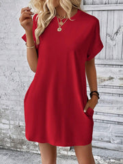 solid color round neck loose short sleeve pocket dress