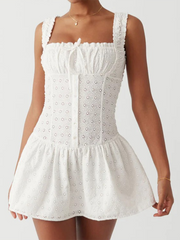 Square Neck Waist Sling Dress French Sweet Seaside Vacation A-Line Skirt