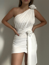 Sexy One Shoulder Three-Dimensional Flower Gathered Hip Dress