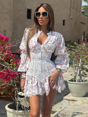 Sweet Fresh Print Waist Long Sleeve Short Lace Dress