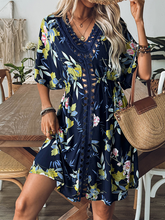 style printed beach dress hand hook beaded stitching hollow dress beach cover up