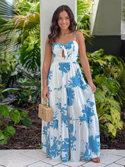 style printed suspender holiday maxi dress hollow lace dress