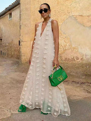 holiday style halter neck V-neck three-dimensional flower ribbon swing dress