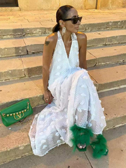 holiday style halter neck V-neck three-dimensional flower ribbon swing dress