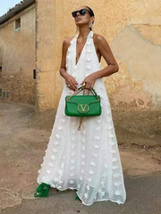 holiday style halter neck V-neck three-dimensional flower ribbon swing dress