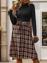 style stand-up collar slim fit elegant plaid long skirt splicing dress