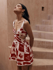 suspenders positioning print dress