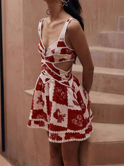 suspenders positioning print dress