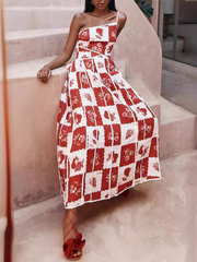 one-shoulder sling positioning print dress