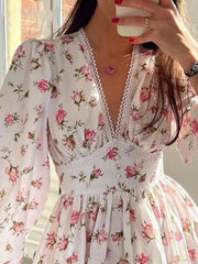 Sweet Printed V-Neck Lace Short Dress