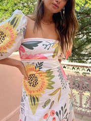 Print Lantern Sleeve Slim Swing Dress