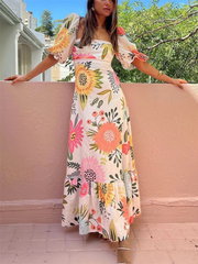 Print Lantern Sleeve Slim Swing Dress