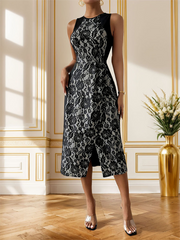 elegant high waist sleeveless printed slit dress