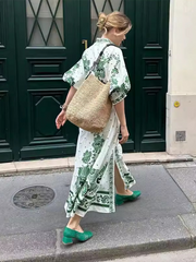 Ladies V-Neck Printed Long Sleeve Dress