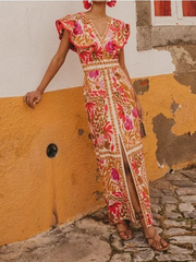 V-neck ruffled backless printed dress