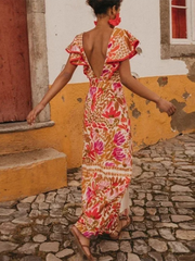 V-neck ruffled backless printed dress