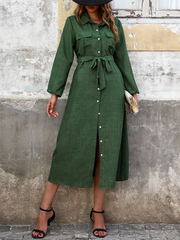 Lapel Green Long Sleeve Solid Color Dress