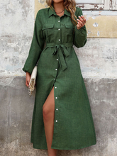 Lapel Green Long Sleeve Solid Color Dress