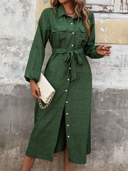 Lapel Green Long Sleeve Solid Color Dress