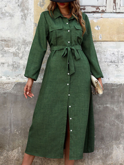 Lapel Green Long Sleeve Solid Color Dress