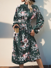 retro print elegant high waist long sleeve stand collar dress