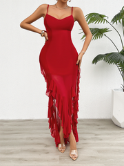 Sexy pure V-neck suspender mesh dress