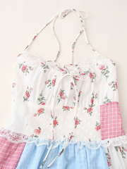 Sleeveless Sweet Halter Neck Floral Splicing Holiday Dress