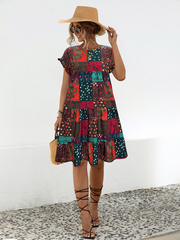 Ladies loose gathered printed A-line dress