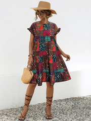 Ladies loose gathered printed A-line dress