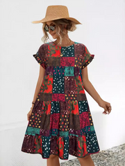 Ladies loose gathered printed A-line dress