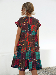 Ladies loose gathered printed A-line dress