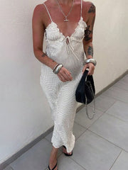 Polka Dot Print V-Neck Lace-Up Backless Suspender Dress