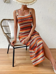 Personalized street casual striped sleeveless square neck dress