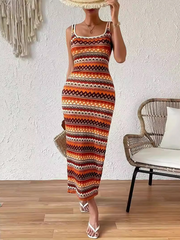 Personalized street casual striped sleeveless square neck dress