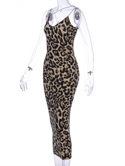 Suspender Sleeveless V-neck Leopard Snake Print Dress Sexy Midi Dress