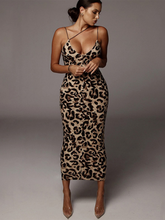Suspender Sleeveless V-neck Leopard Snake Print Dress Sexy Midi Dress