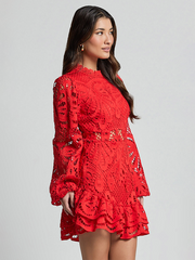 Lapel Lantern Long Sleeve Waist Gown Short A-line Ruffle Hollow Lace Dresses