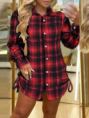 plaid shirt dress with drawstrings on both sides