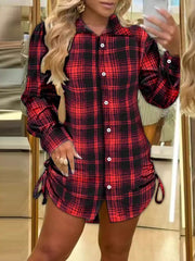 plaid shirt dress with drawstrings on both sides